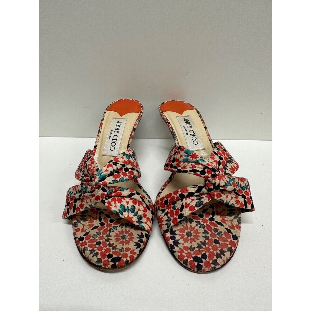 JIMMY CHOO women slip on heel- geometric floral fabric - sandals size 5.5-35 1/2